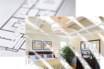 A two-picture collage, one a picture of a living room and the other a floor plan.