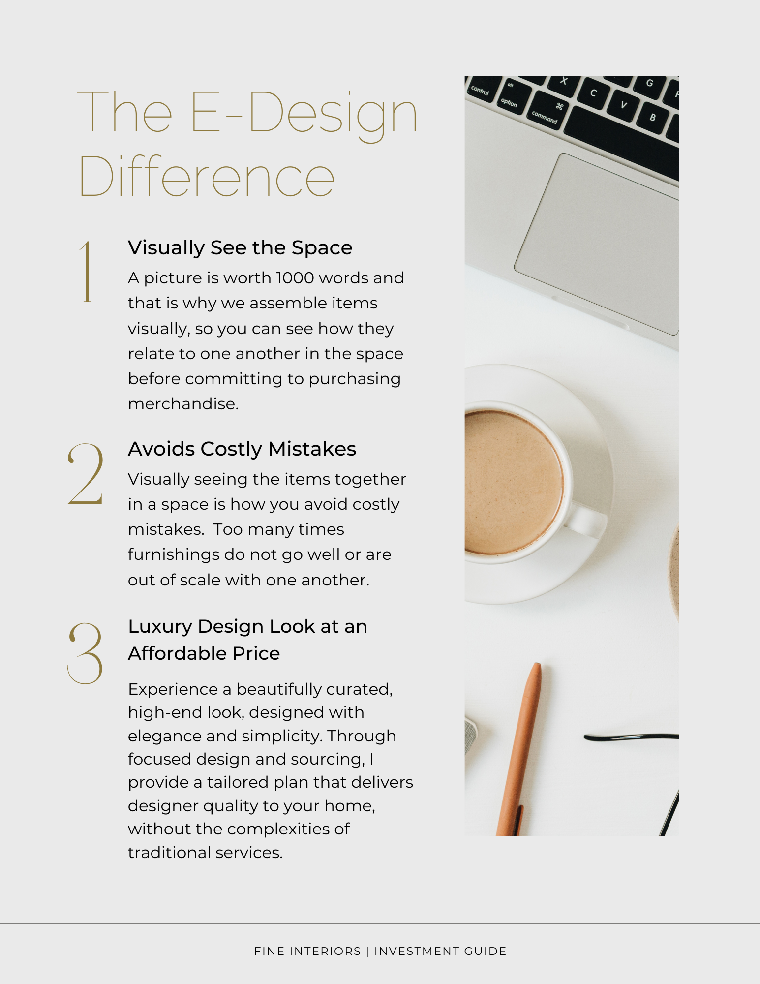 Explaining why e-design and a picture of a cup of coffee and a laptop on a table.