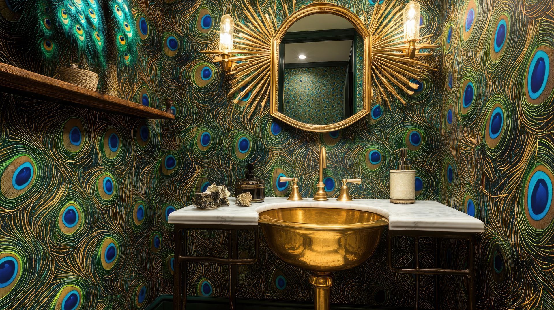 Bathroom with peacock feather wallpaper, gold sink, mirror, and sconces.