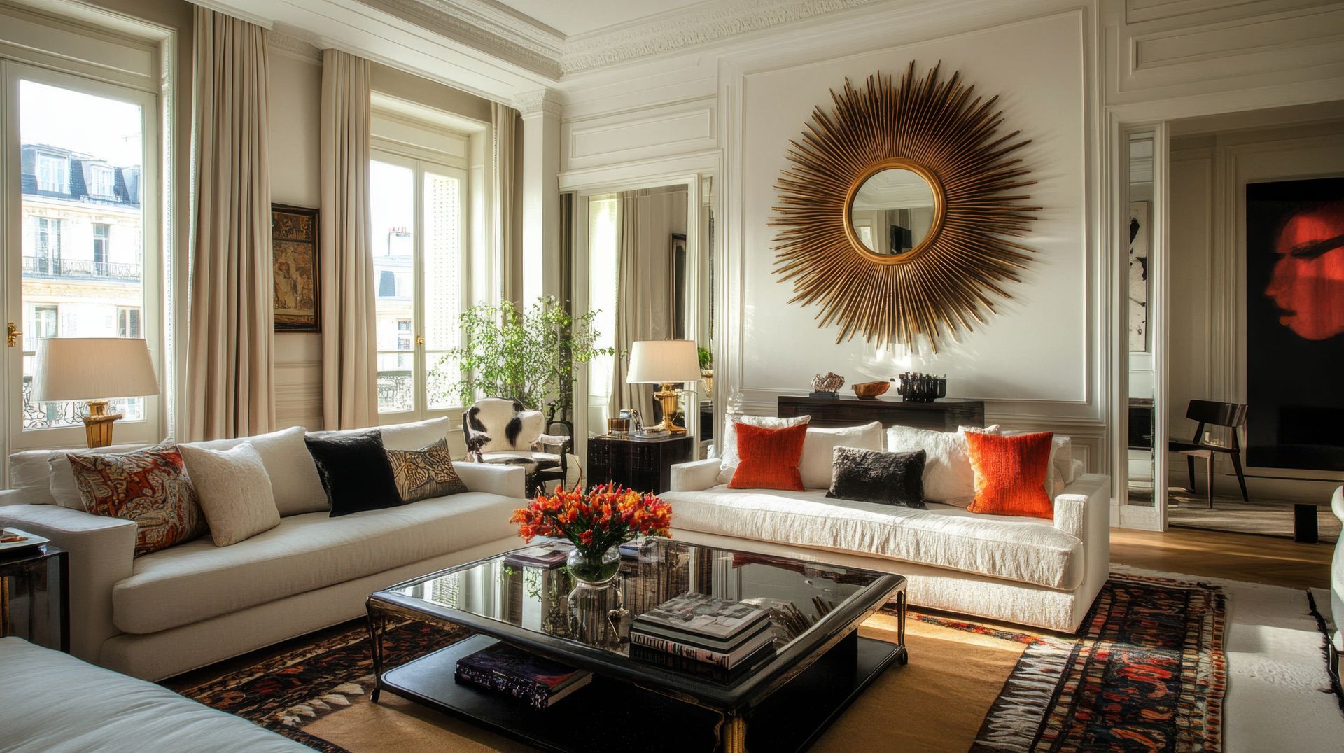 Elegant living room, two white sofas centered around cocktail table.