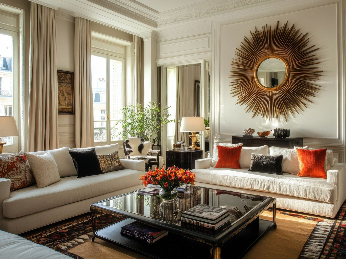 Luxurious living room with white sofas, ornate mirror, and decorative pillows.