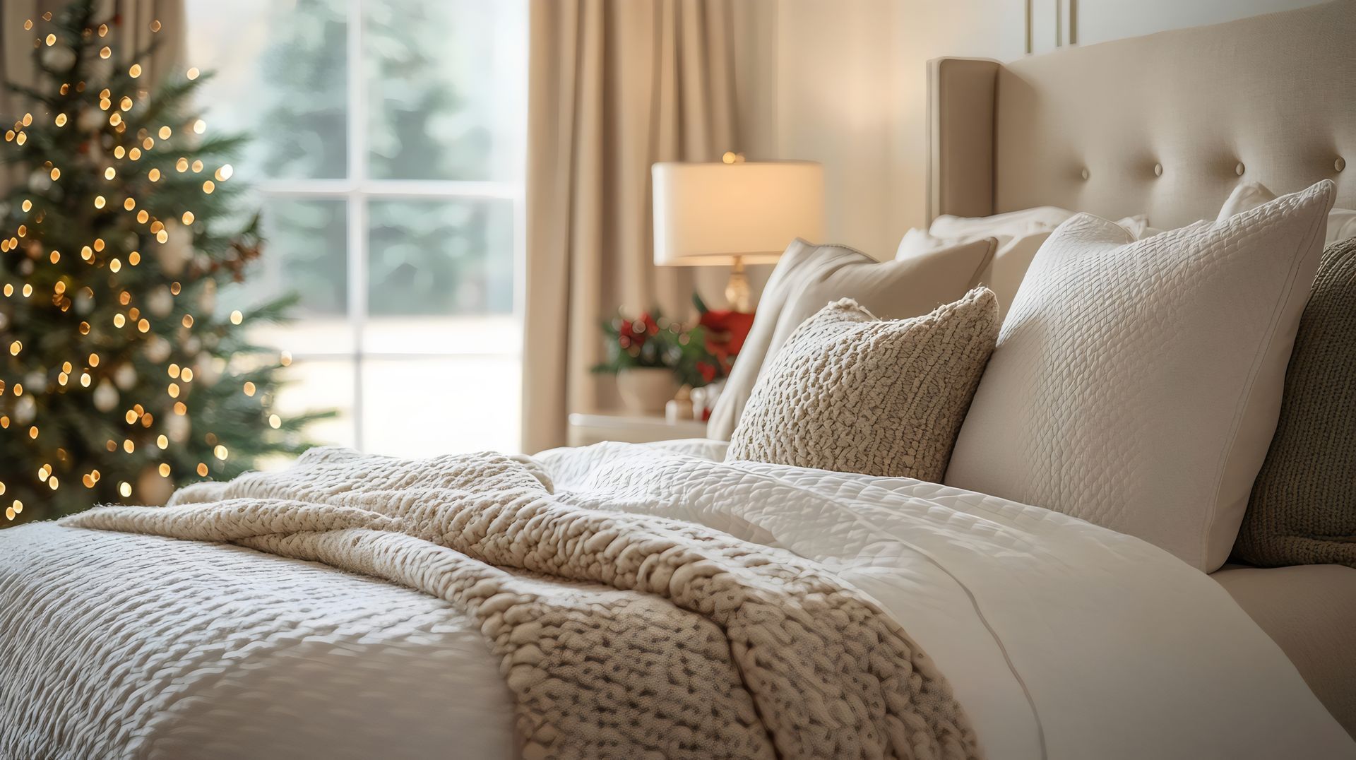 Cozy bedroom with a lit Christmas tree, bed with pillows and a blanket, and a bedside lamp.