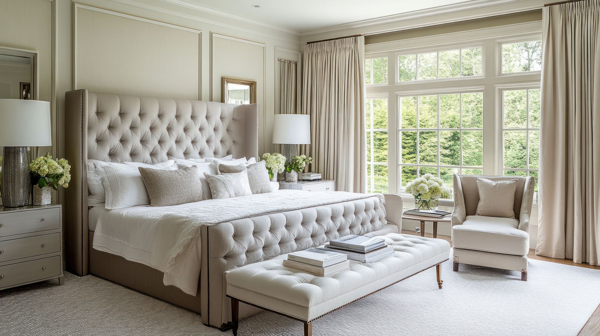 A neutral colored, well designed bedroom with a bed, chair and ottoman, nightstands and large windows with draperies.