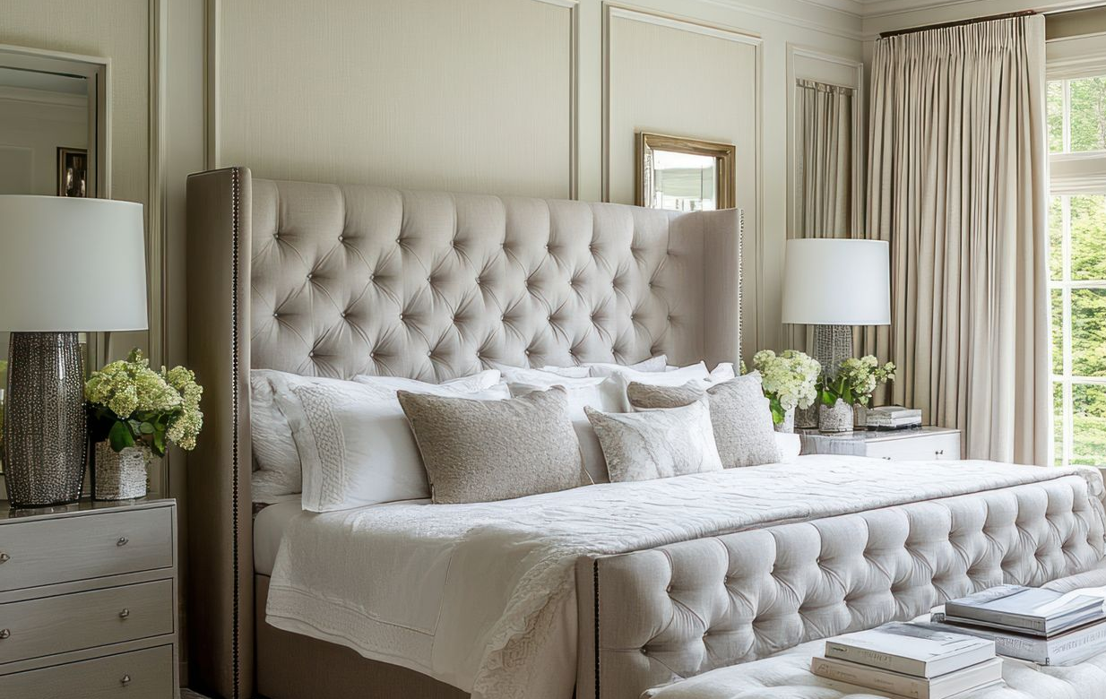 Elegant bedroom with a button-tufted headboard and matching bench, beige walls, and neutral bedding.