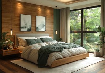 A bedroom with a bed, night stands, lighting and window styled in a modern design bringing in nature.