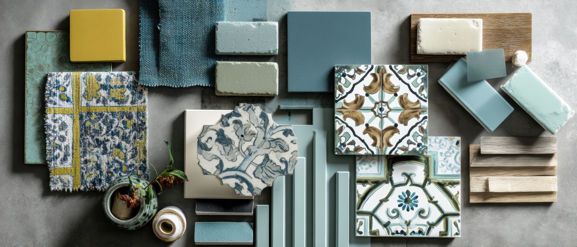 Mood board of tiles and fabrics in shades of blue, green, and yellow, on a gray background.