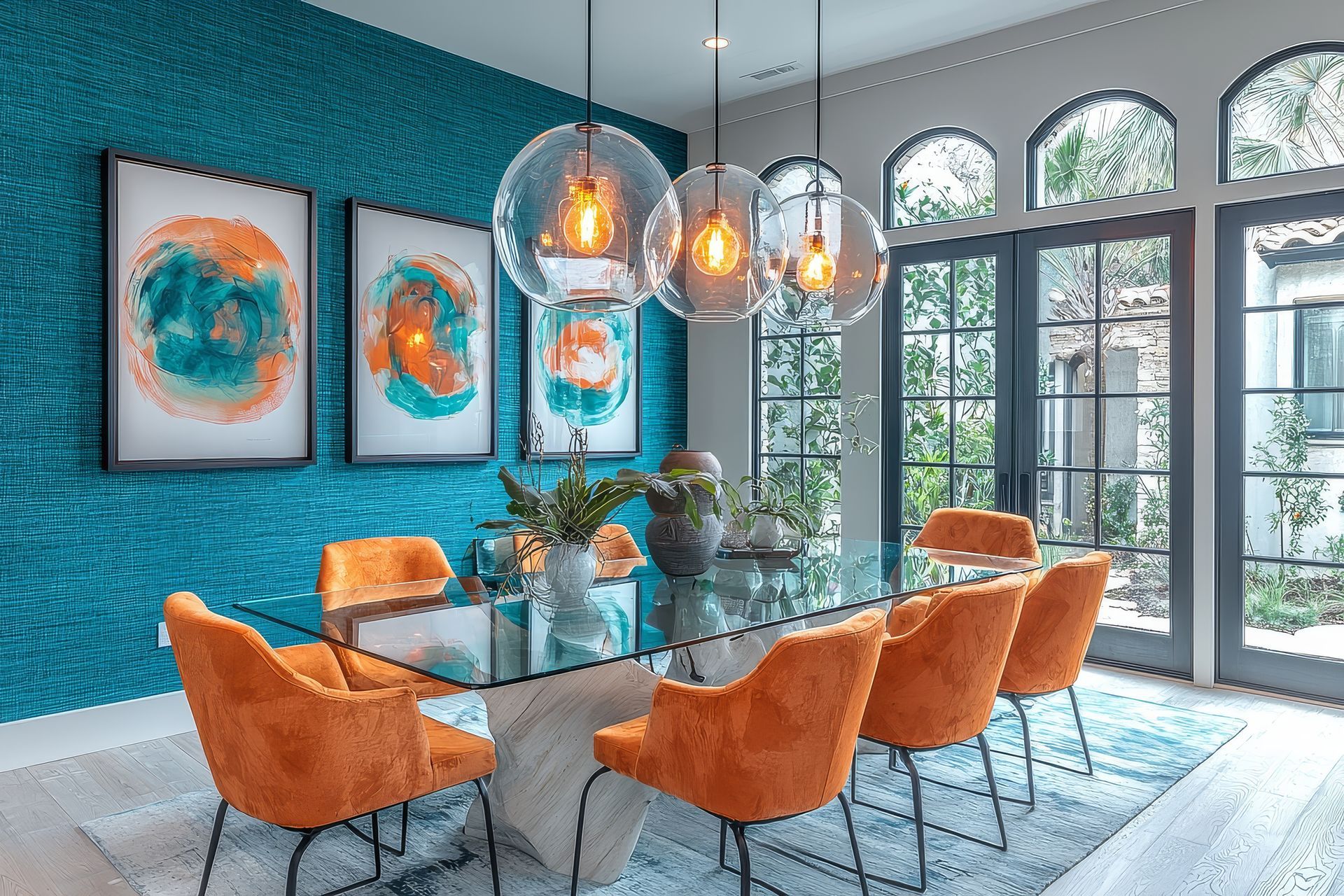 Dining room with orange chairs, turquoise grasscloth wallpaper, abstract art, glass table, and hanging globe lights.
