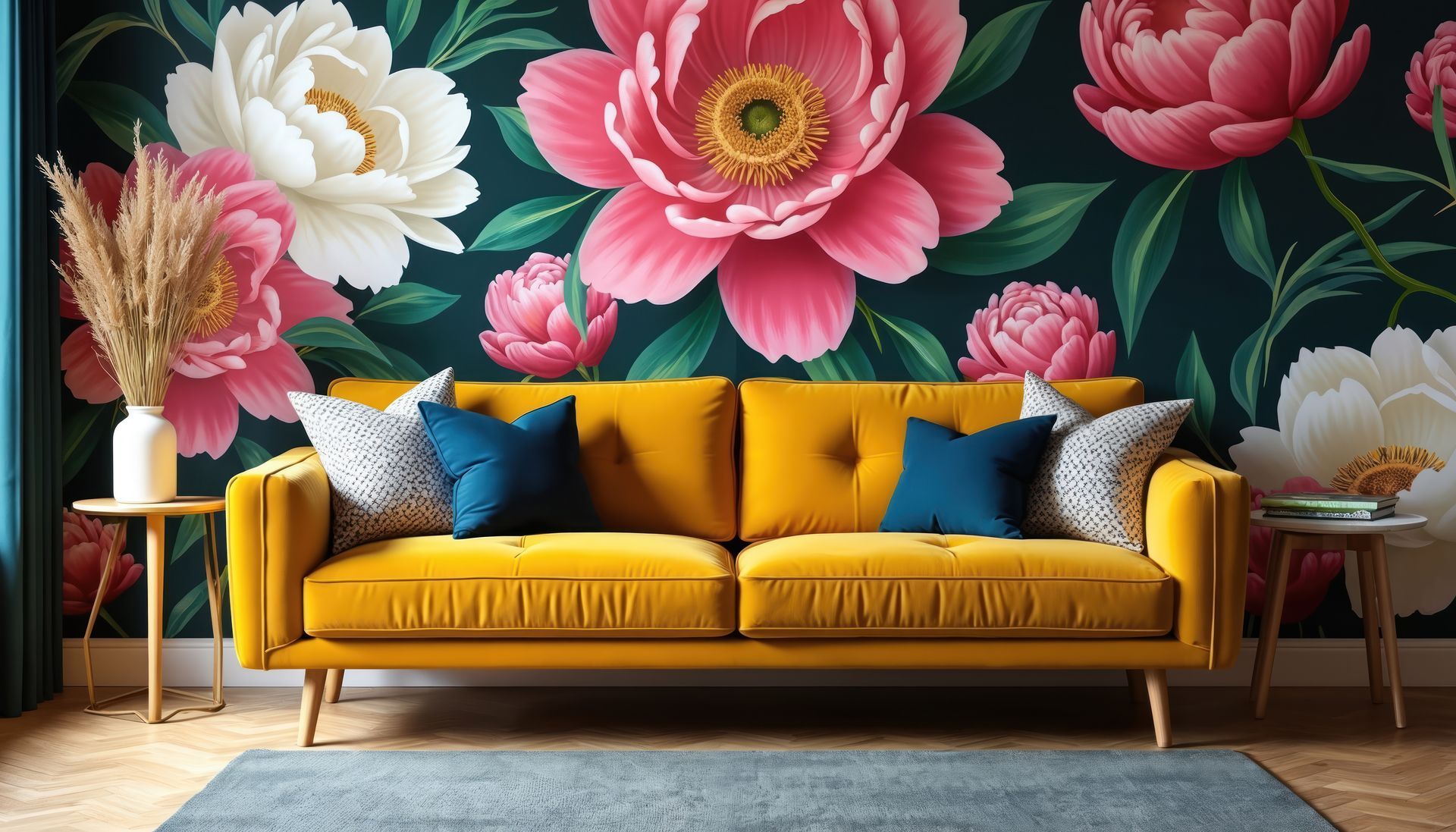 Living room with bold floral mural and mustard yellow sofa.