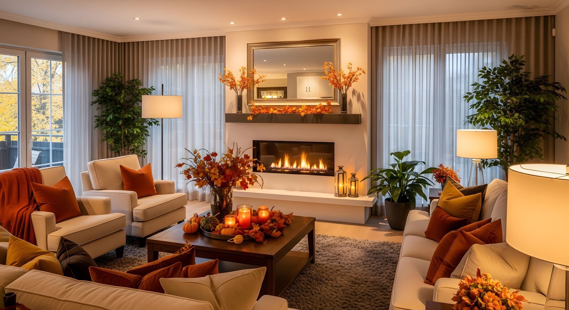 Cozy living room decorated for holiday, featuring a fireplace, white sofas, and autumn-colored accents.