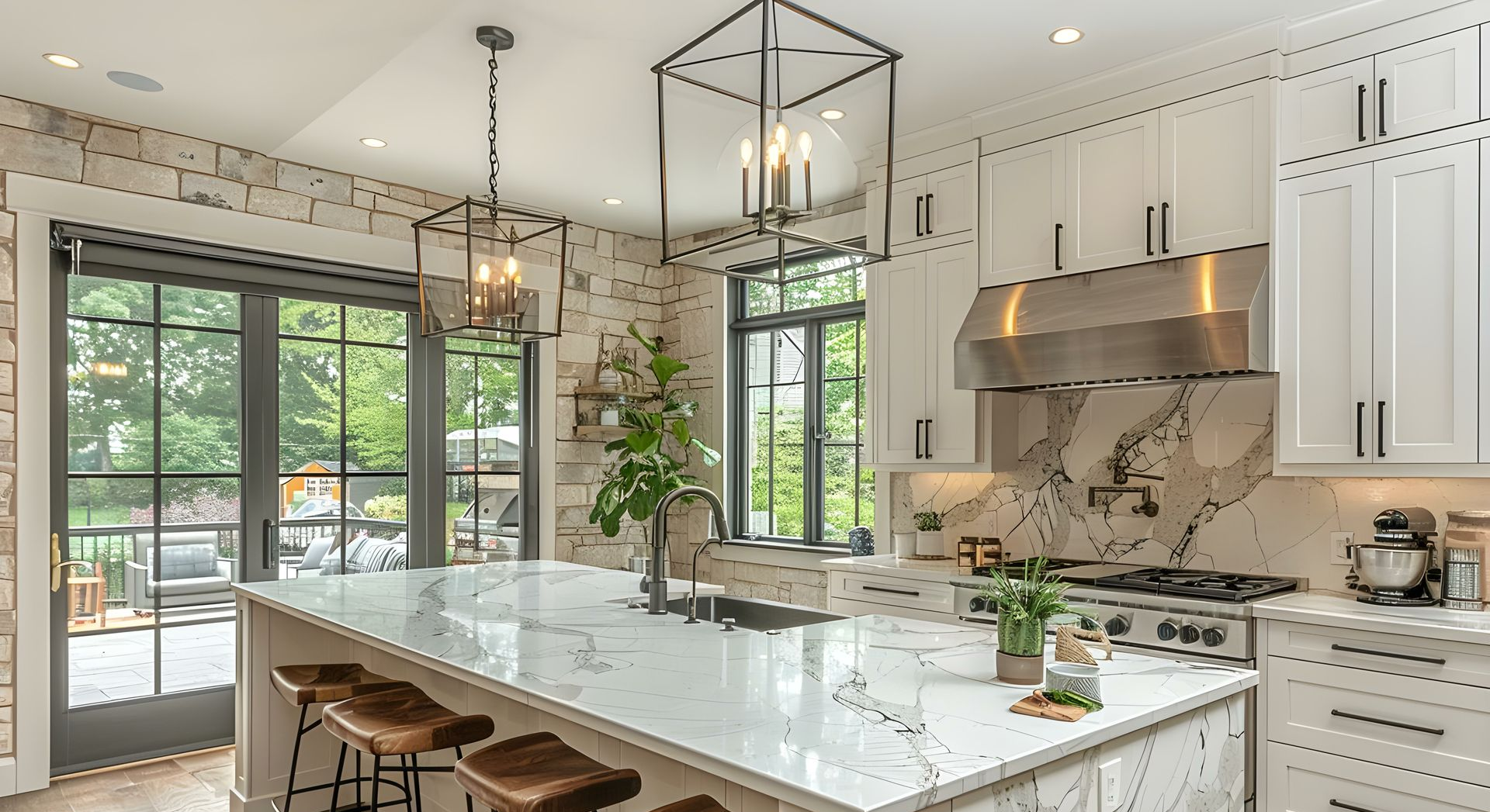Picture of a modern black and white kitchen with wooden seat barstools