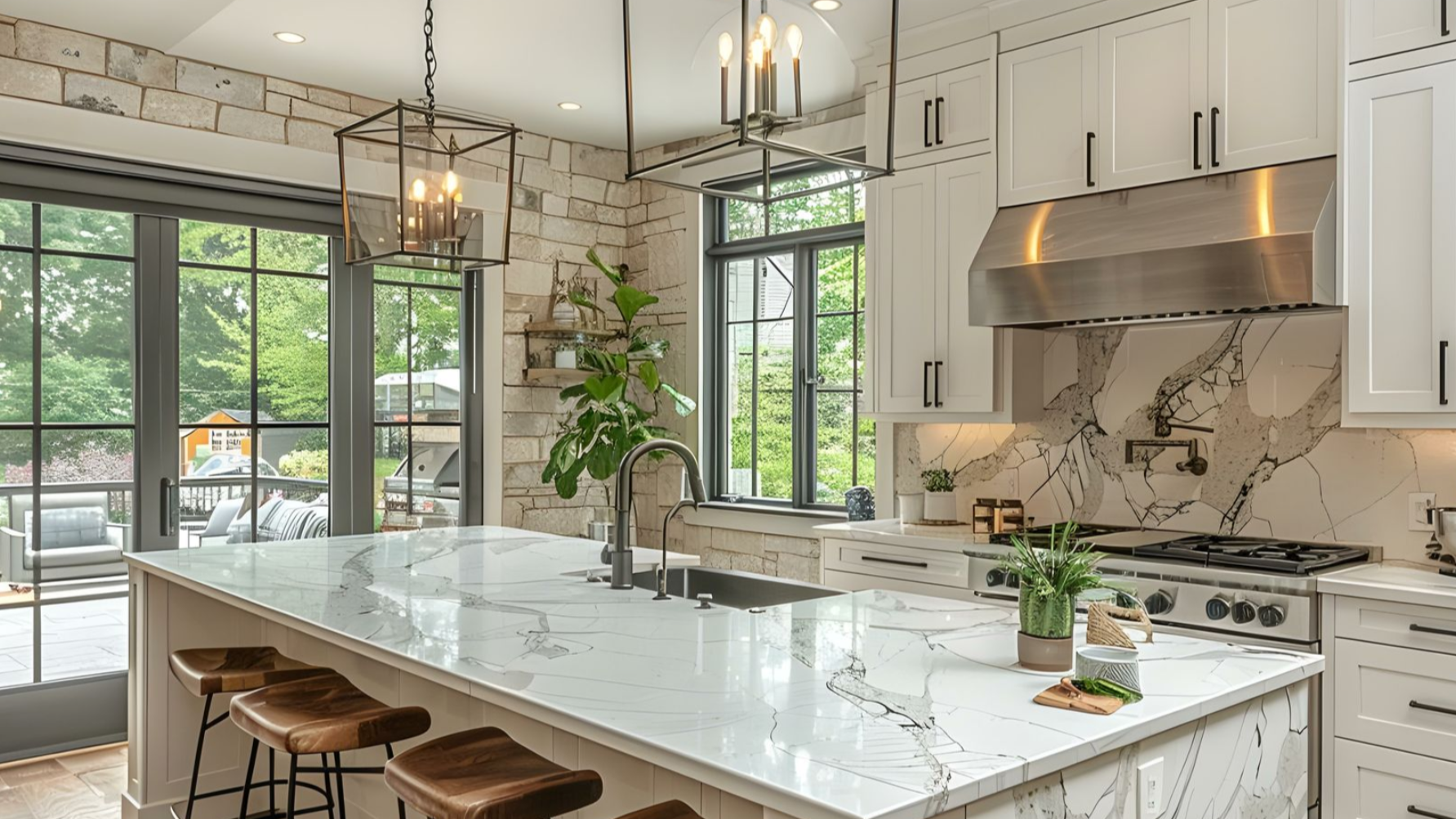 Modern kitchen with white cabinets, marble counters, and a large island with seating.