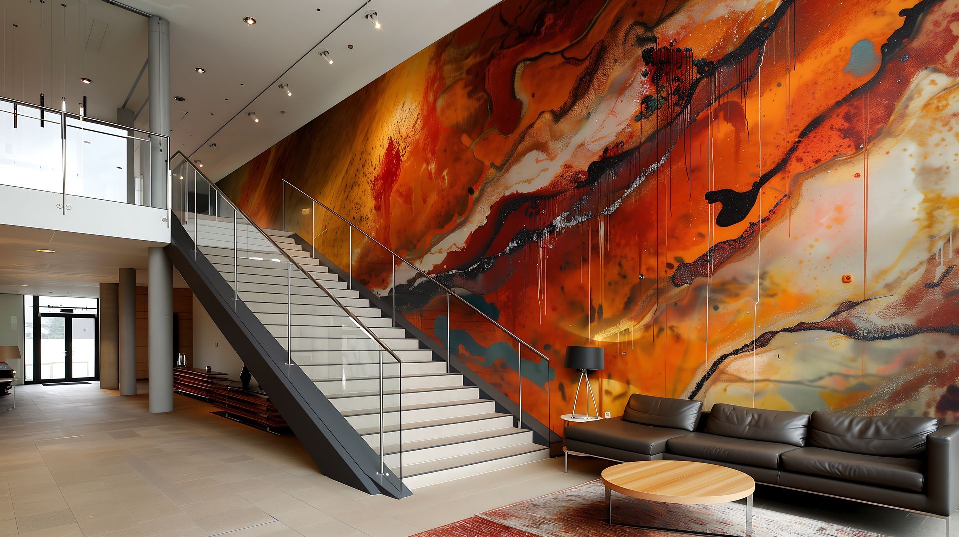 Lobby with staircase and large abstract mural in shades of red, orange, and brown. Leather couch and coffee table visible.