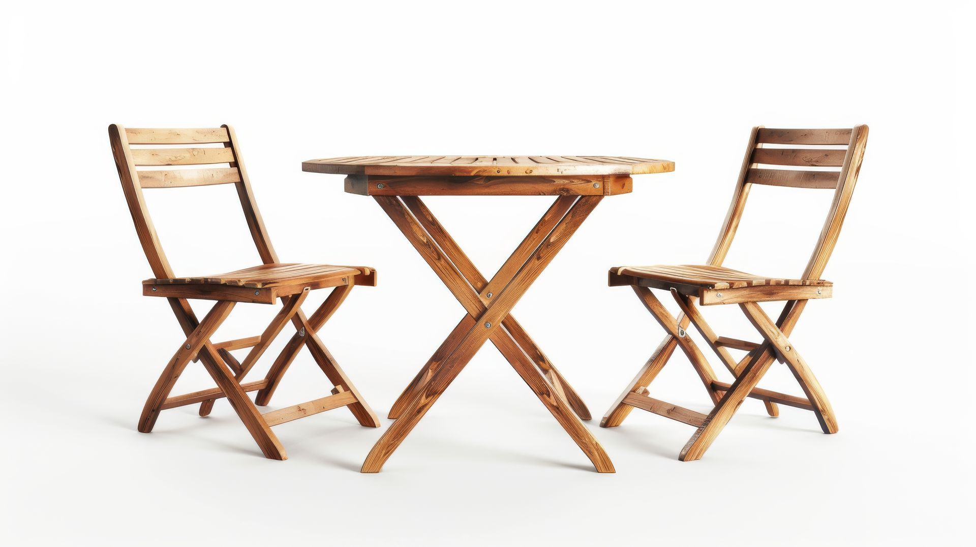 Wooden table and two folding chairs, set against a white background.