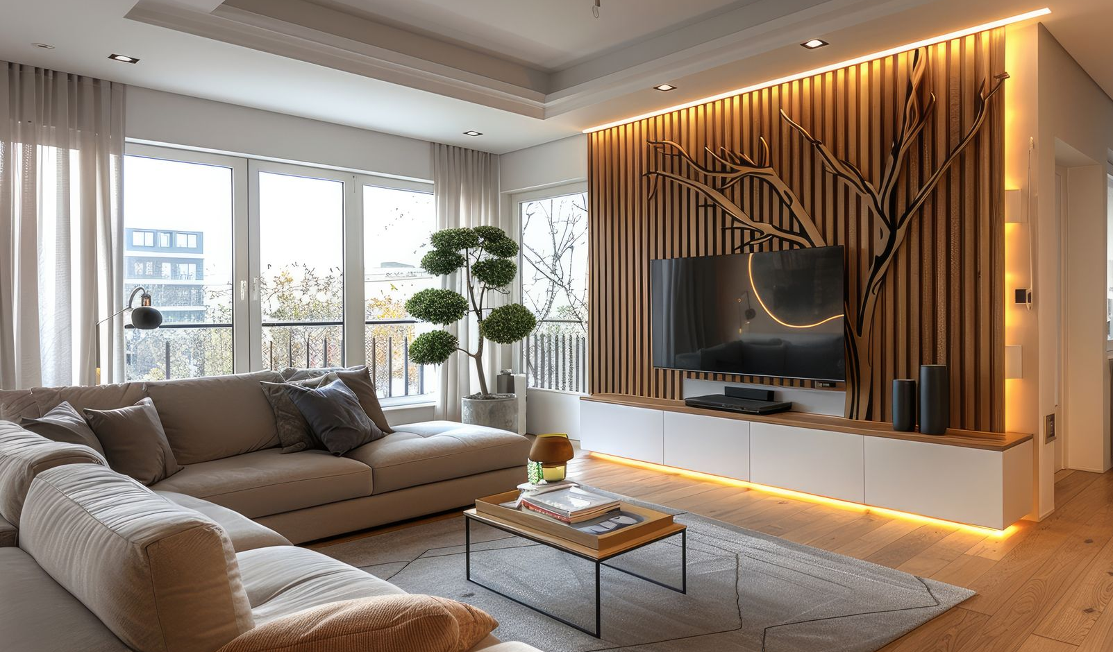 Modern living room with wooden accent wall, large windows, and neutral-toned furniture.