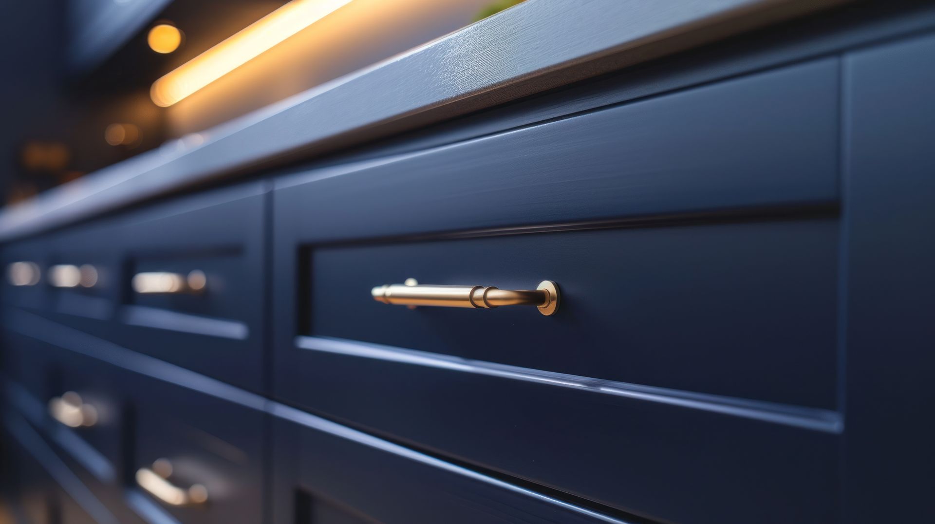 Dark blue kitchen cabinets with gold hardware.