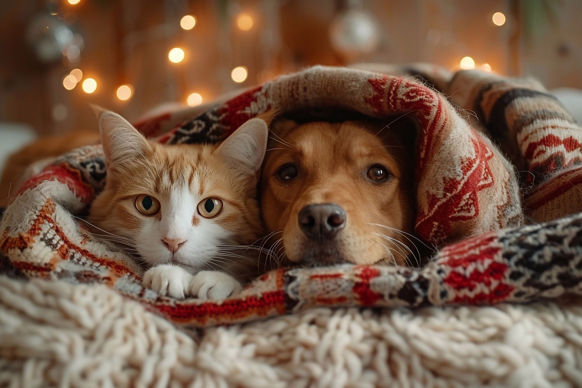 Cat and dog cuddling under a patterned blanket, festive lights in the background.
