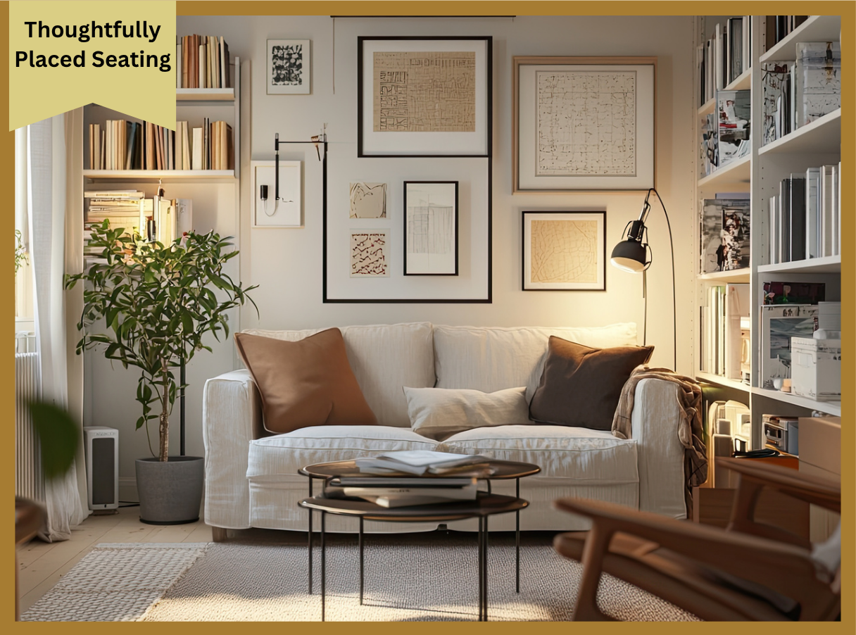 Cozy reading nook with a white loveseat, layered lighting, and wall-to-wall bookshelves.