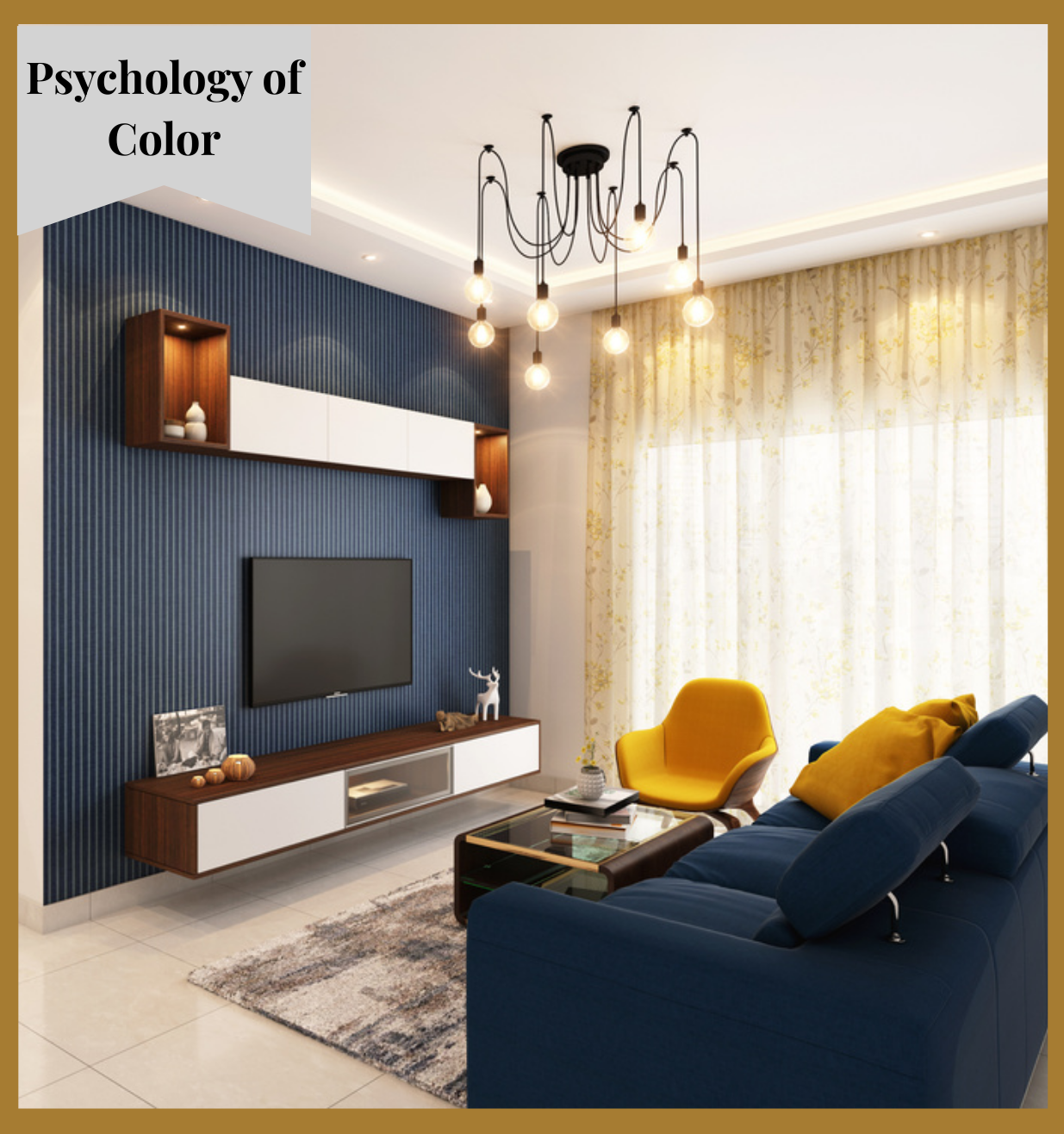 A living room with a blue couch , yellow chairs , and a flat screen tv on a blue wall.