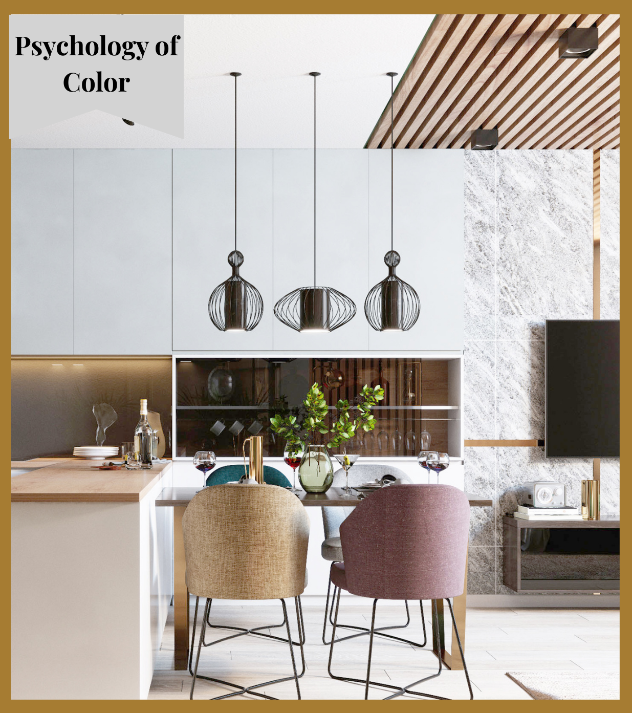 A kitchen with a dining table and chairs in 4 different colors and a television.