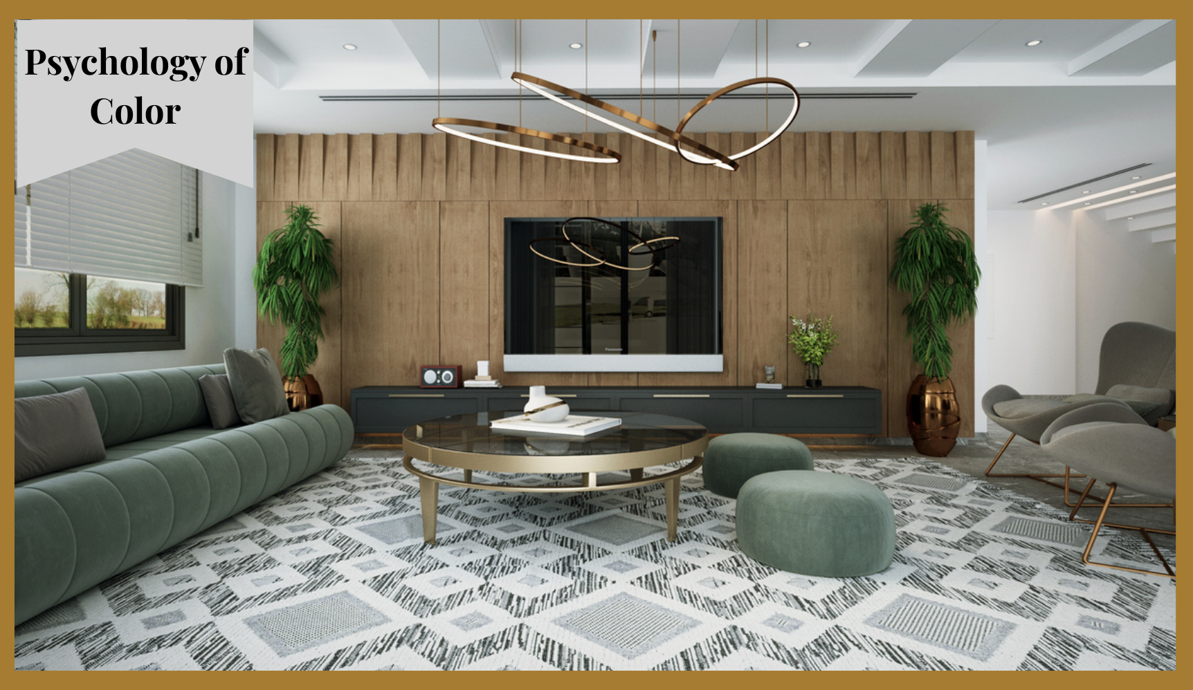 A living room with a sage green couch , chairs , gold coffee table and television.