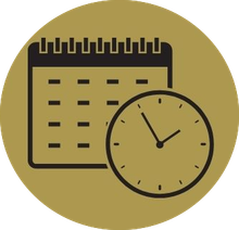 Clipart of a gold circle with a schedule in Clock and Calendar inside.
