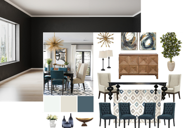 A picture of a empty dining room painted blue and a picture of a furniture package including a table and chairs.