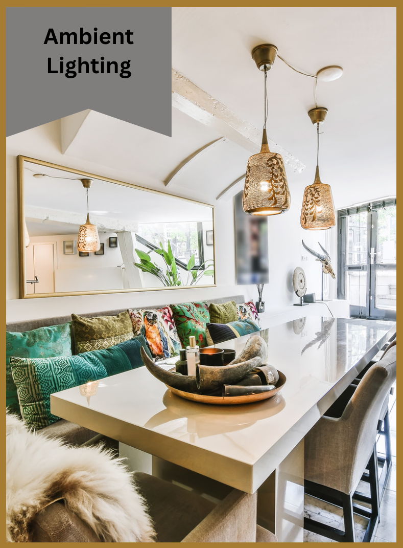 A dining room with a table , chairs, colorful pillows, and a mirror.