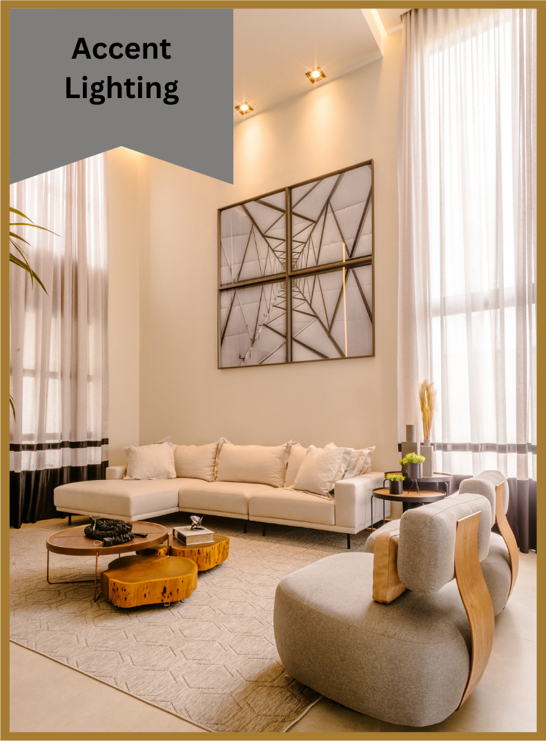 A living room with a couch, chairs, accent lighting, tables and curtains.