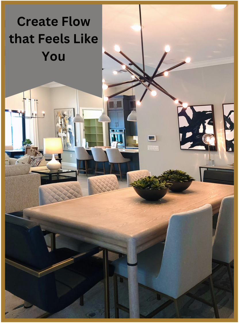 A dining room with a table and chairs and a sign that says create flow that feels like you