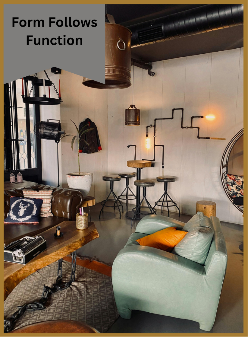 A living room with a couch and a table with the words form follows function on the bottom