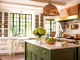 Elegant kitchen with green island, copper accents, white cabinets, marble countertops, and large windows.