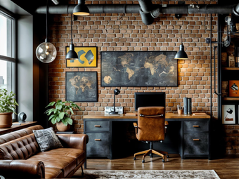 Industrial-style office with brick walls, leather furniture, desk, and a world map. Warm lighting creates a cozy atmosphere.