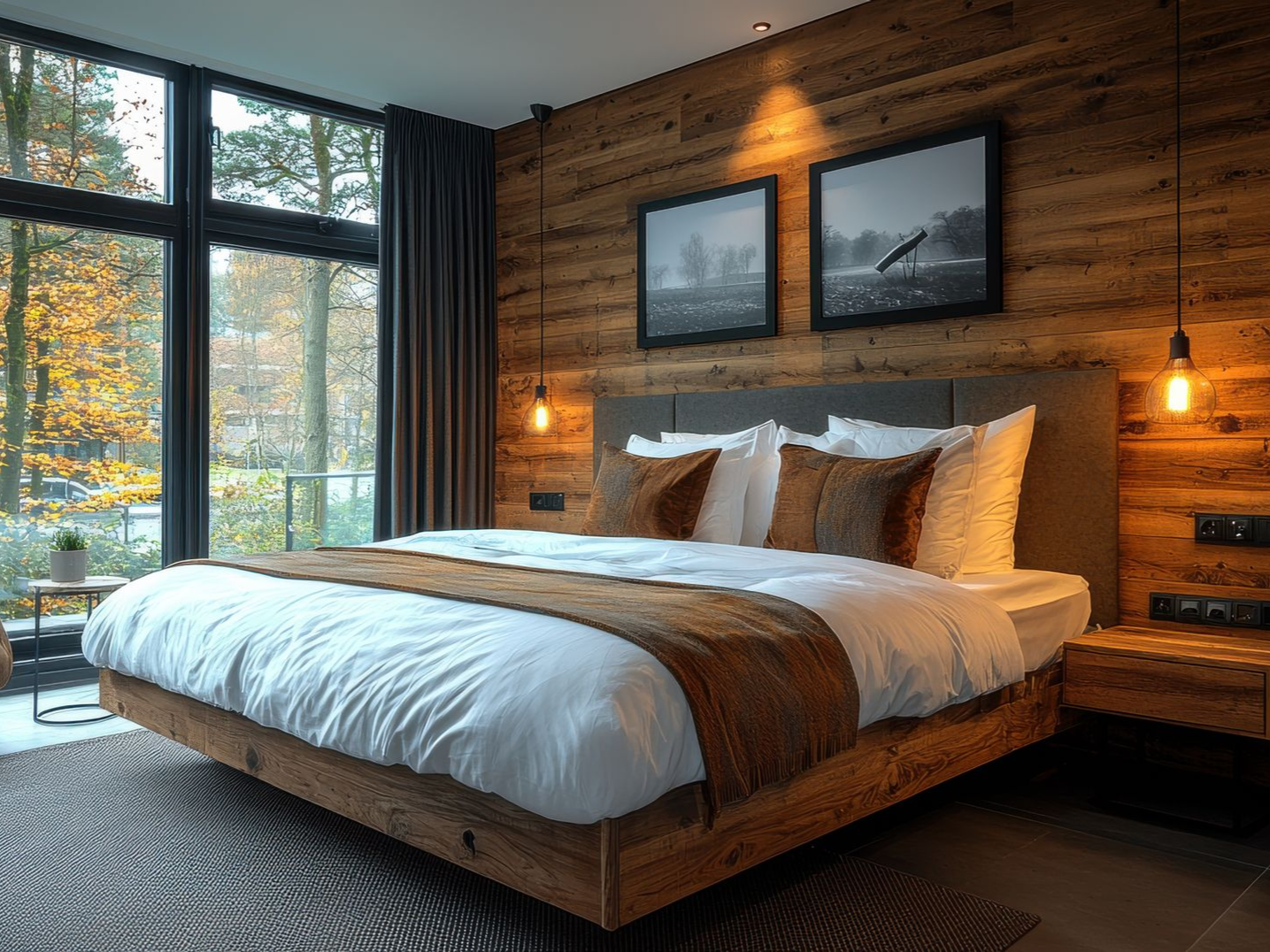Cozy bedroom with wood paneling and large window overlooking autumn trees. Floating bed with brown accents.