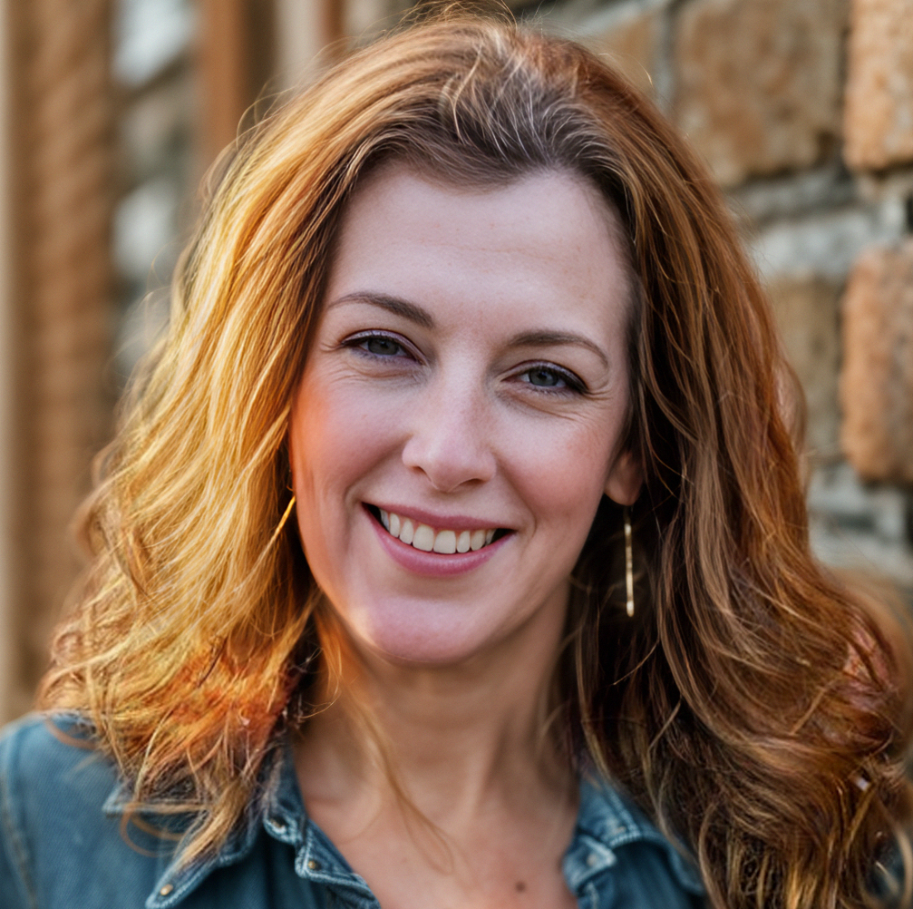 Tina Wright with reddish-brown hair smiles, wearing a denim shirt, standing outside with a brick wall backdrop.
