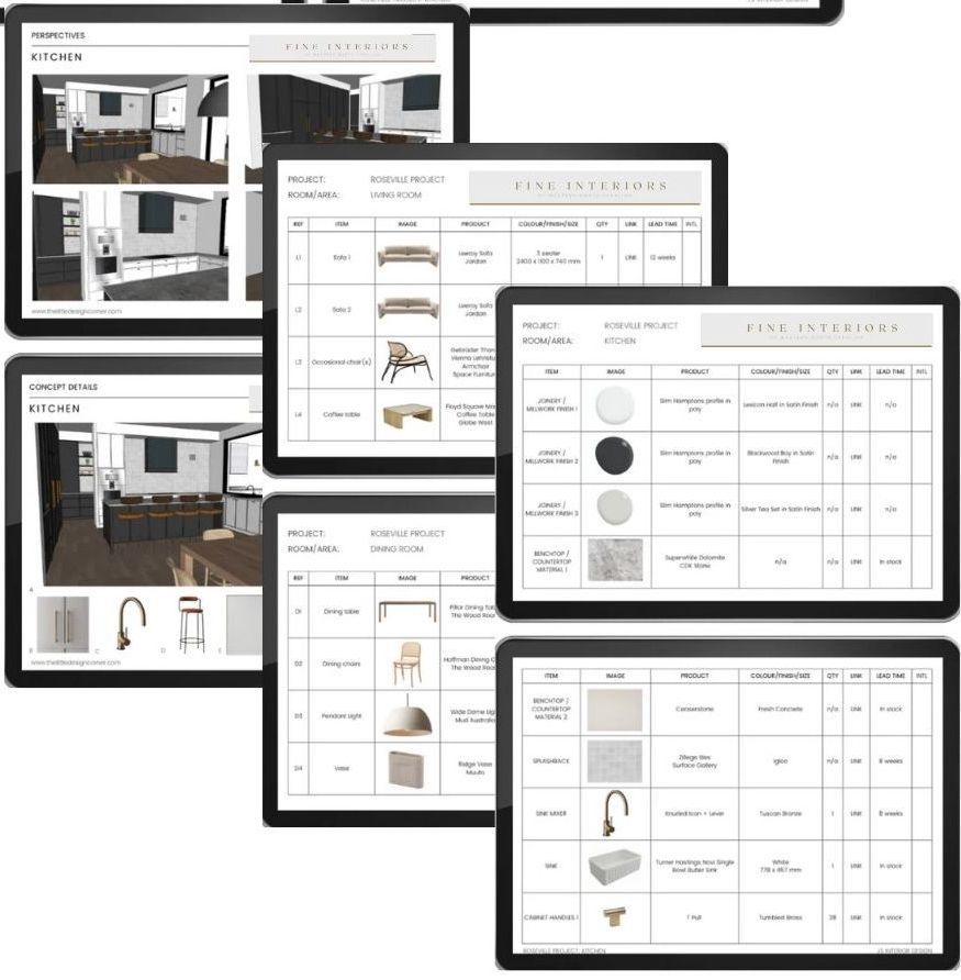 Kitchen design plans on tablets showing renderings, material selections, and item lists.