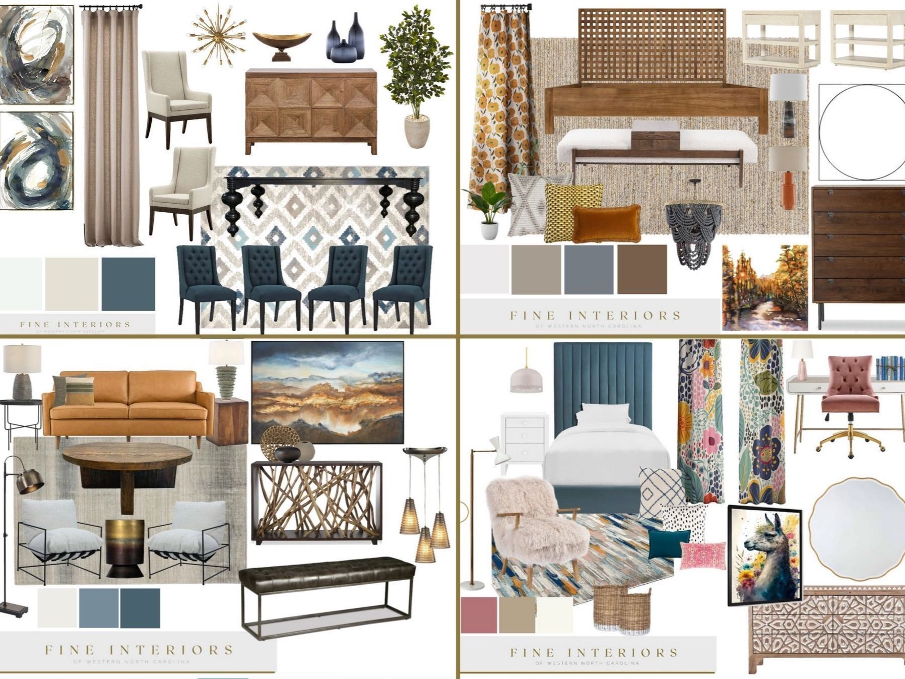 Four interior design mood boards with furniture and decor samples, using a variety of colors and styles.