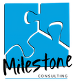 a logo for milestone consulting with a blue puzzle piece