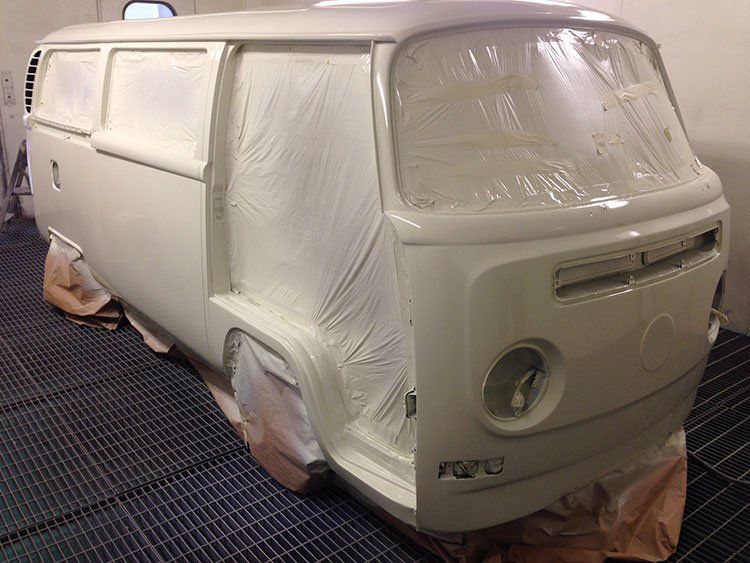 VW Campervan taped up ready to be sprayed.