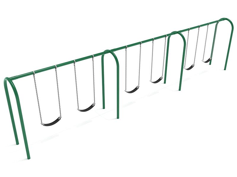 A row of green swings on a white background.