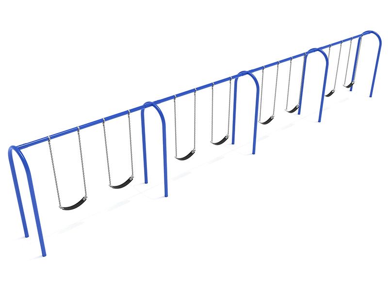 A row of blue swings on a white background.