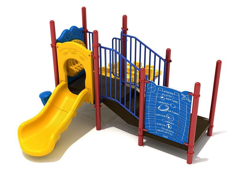 A colorful playground set with a yellow slide and a blue bridge.