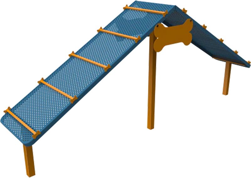 A dog agility course with a blue roof and wooden posts