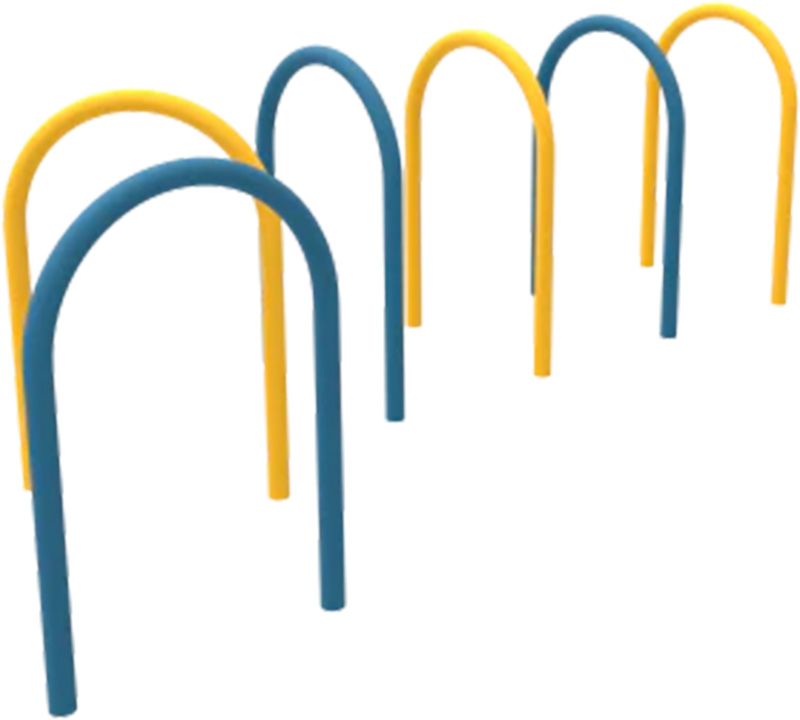 A row of blue and yellow arches on a white background