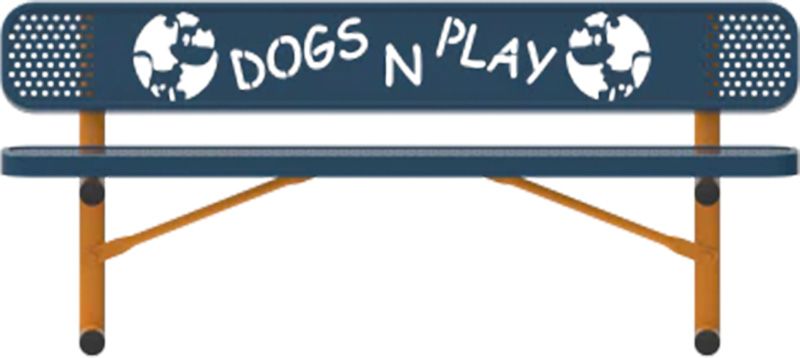 A blue bench with the words `` dogs n ' play '' on it
