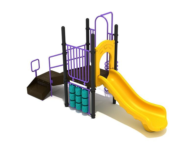 A purple and yellow playground set with a yellow slide