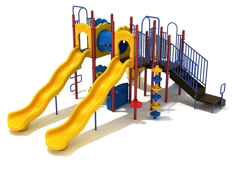 A colorful playground with yellow slides and blue stairs