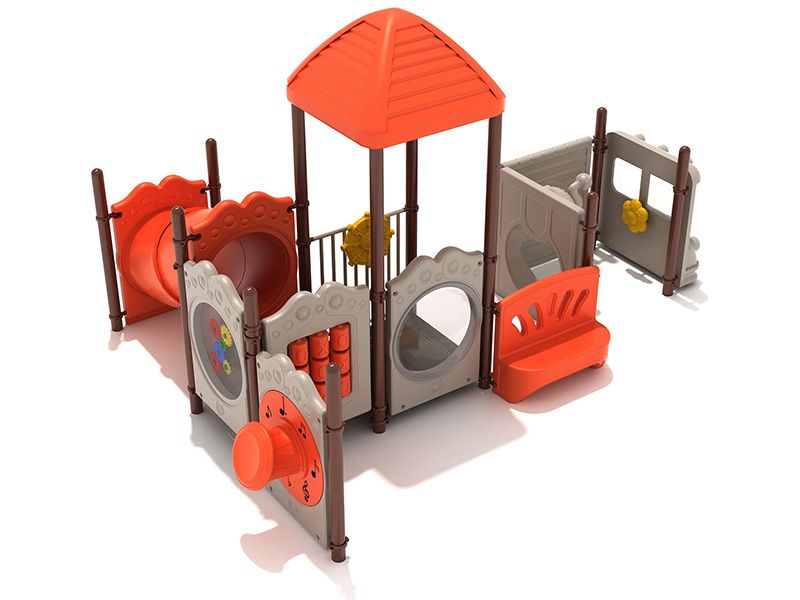 A playground set with a red roof and a tunnel