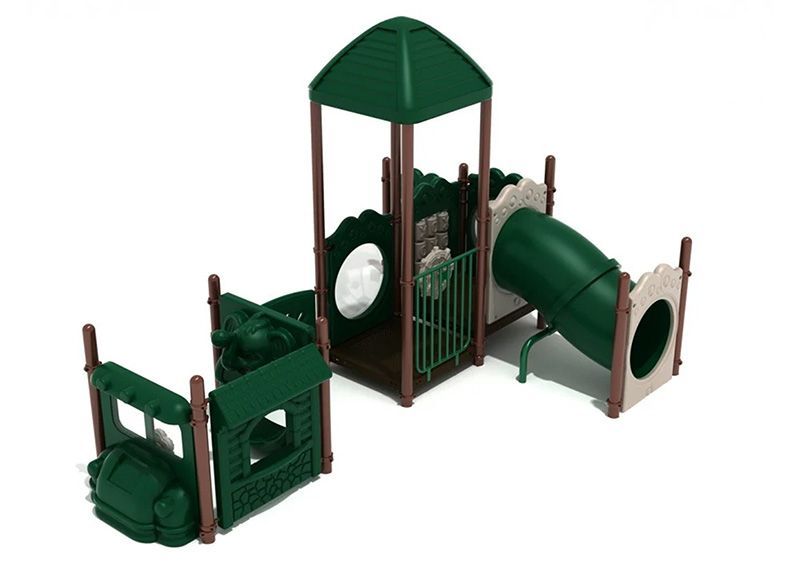A green playground set with a tunnel and a canopy on a white background.