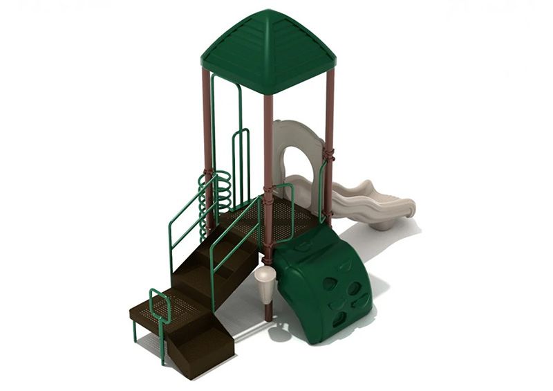 A green and brown playground set with stairs and a slide.