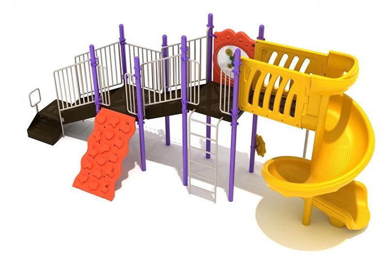 A playground with a yellow slide and a purple fence